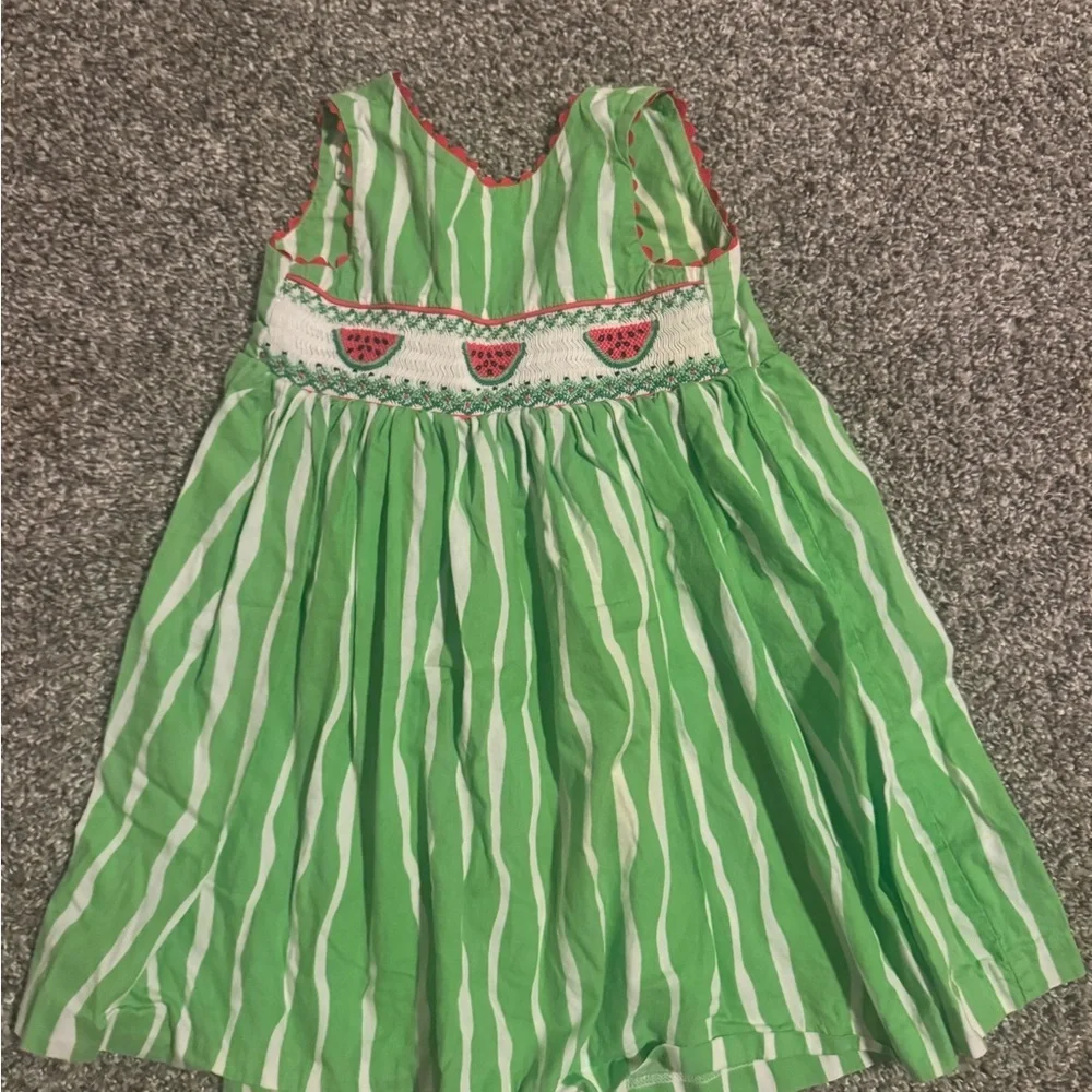 Marmaletta Green and White Striped Smoked Kids Dress
